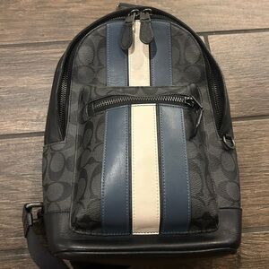 Coach Men's Signature Backpack in Black with Blue and Cream Stripes